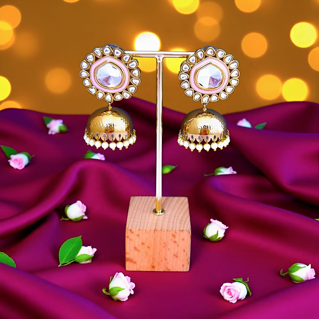Pink Kundan Jhumki Earrings
