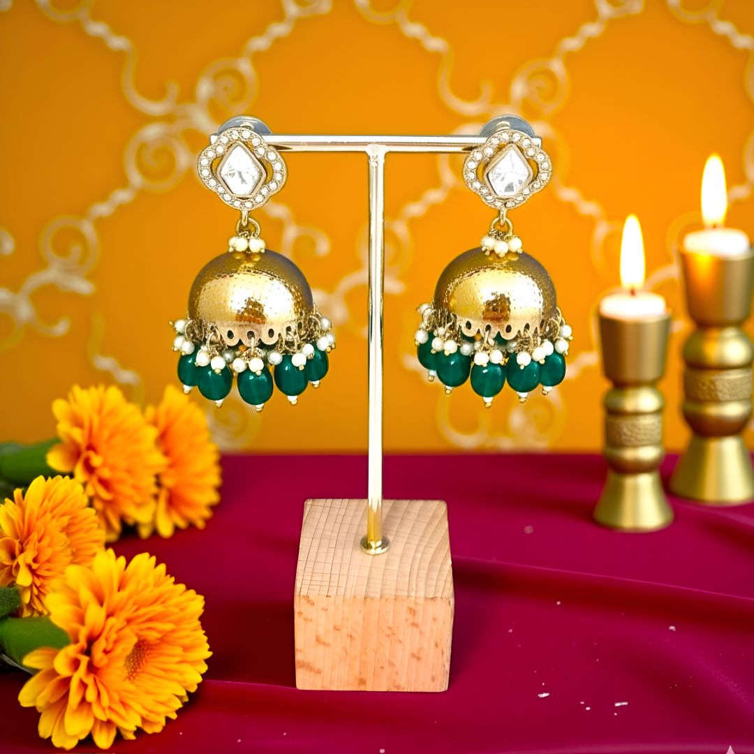 Emerald Green  Kundan Jhumki Earrings