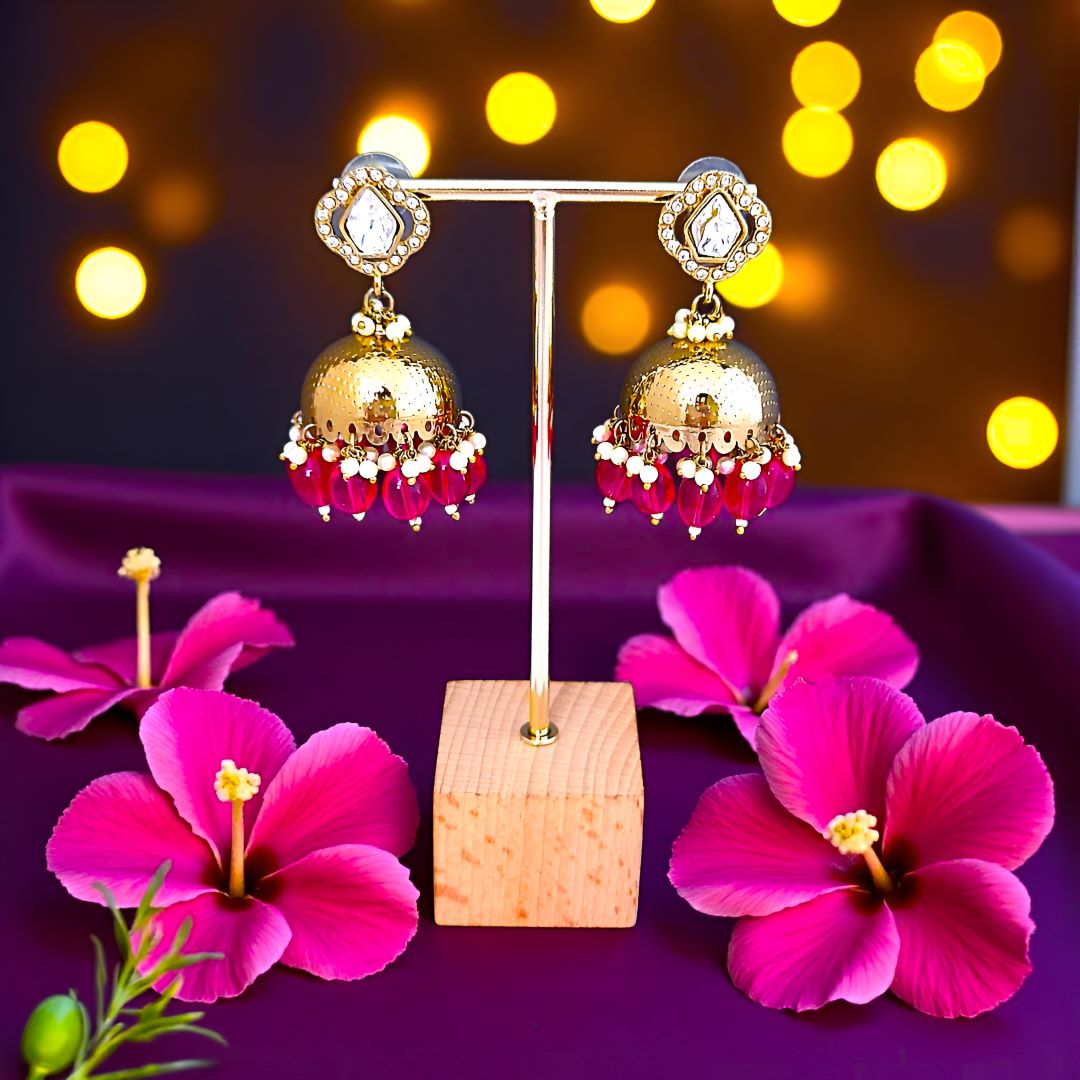 Rani Pink  Kundan Jhumki Earrings