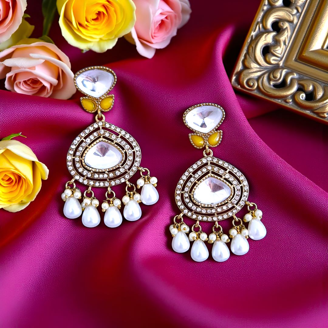 Yellow Ethnic Earrings, Kundan earrings, Dangler Earrings