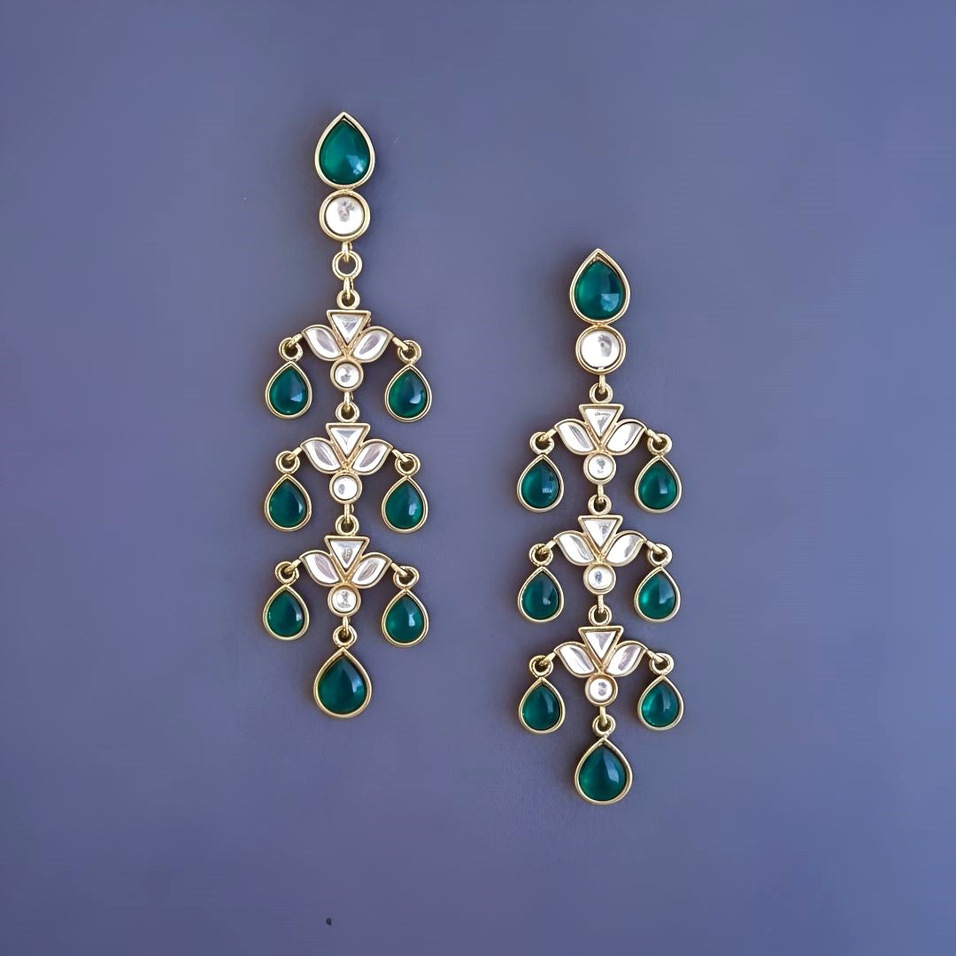 Emerald Dangler Earrings , Drop Earrings, Green kundan  Earrings
