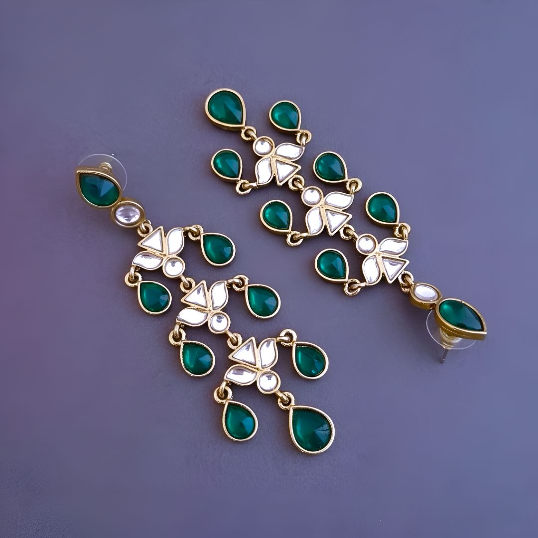 Emerald Dangler Earrings , Drop Earrings, Green kundan  Earrings