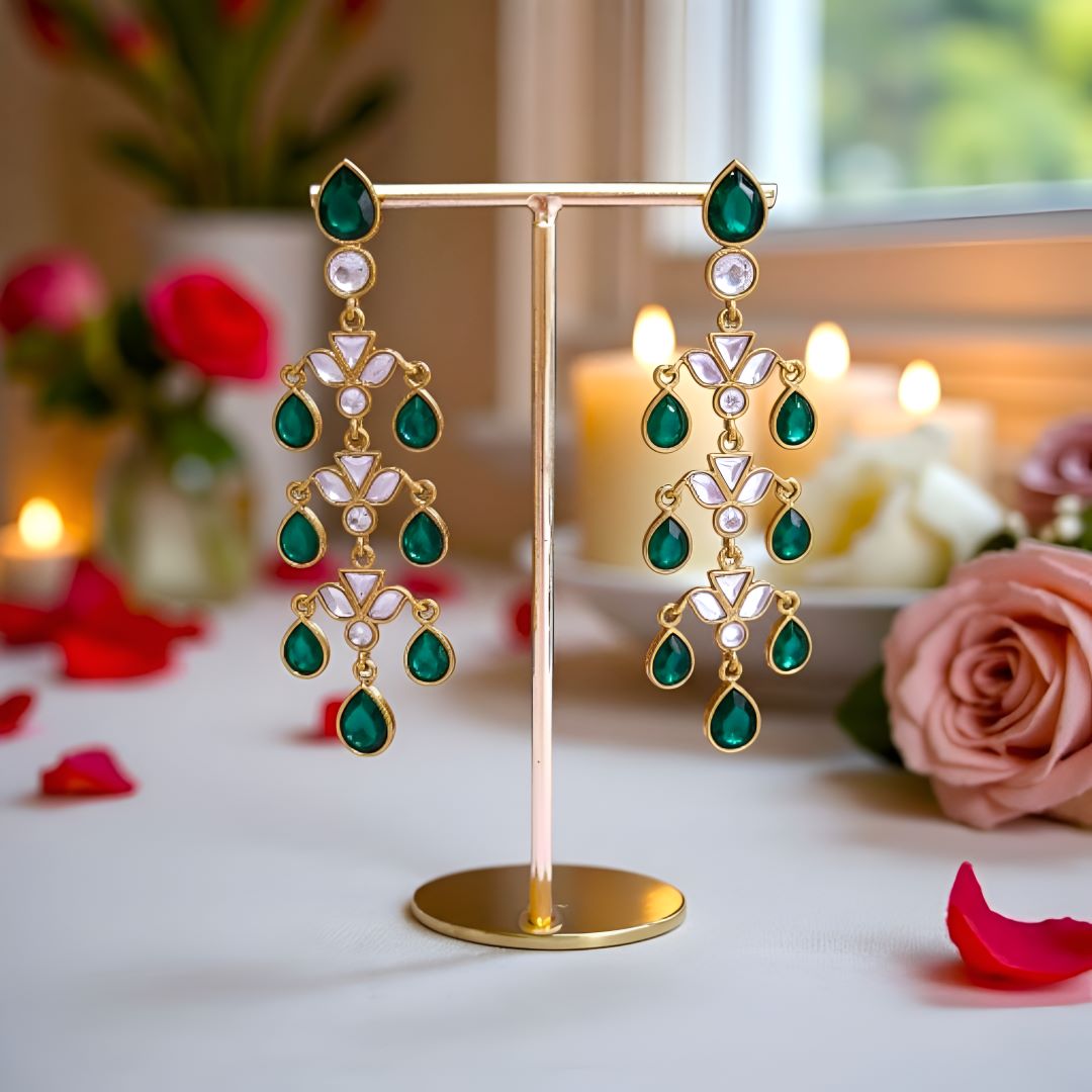 Emerald Dangler Earrings , Drop Earrings, Green kundan  Earrings