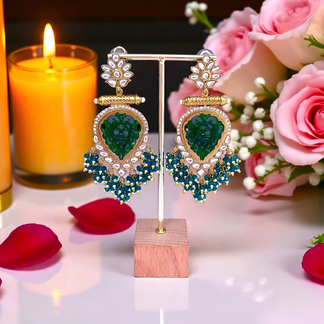 Emerald Danglers, Pearl Drop Earrings, green Earrings