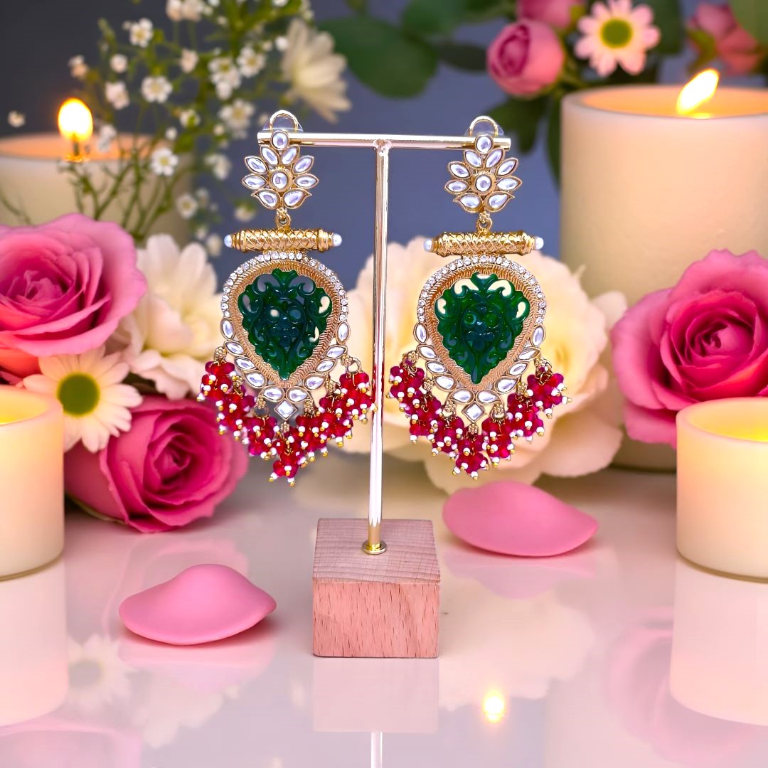 Emerald Danglers,   Pearl Drop Earrings, Rani Pink  Earrings