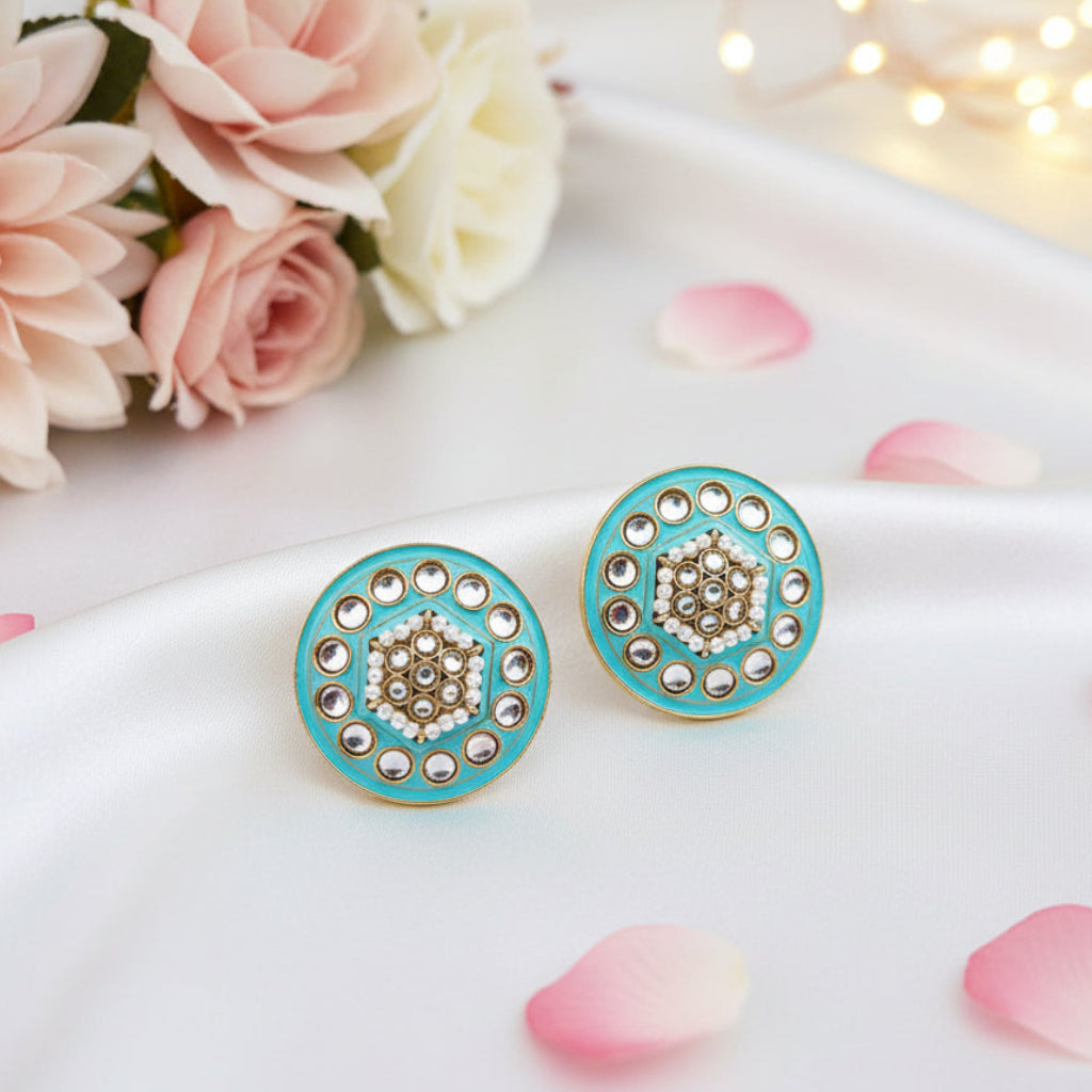Turquoise Blue Kundan Stud Earrings