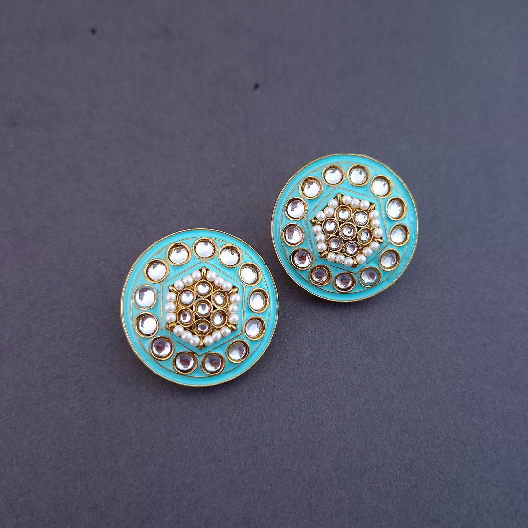 Turquoise Blue Kundan Stud Earrings