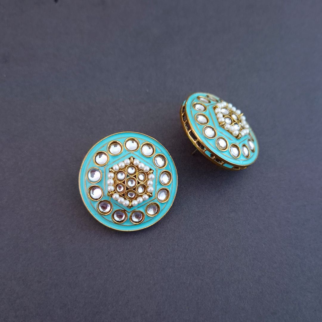 Turquoise Blue Kundan Stud Earrings