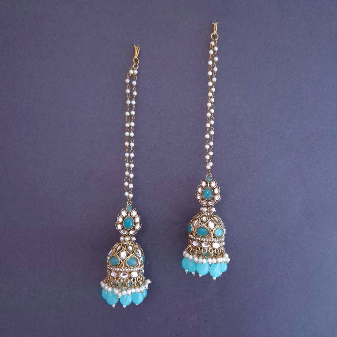 Turquoise Blue Kundan Sahara Earchain Jhumki Earrings