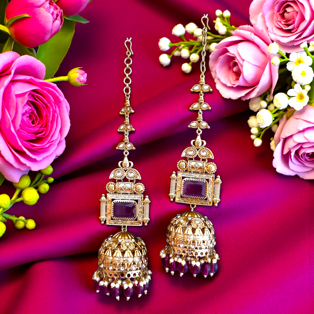 Wine Kundan Sahara Earchain Jhumki Earrings