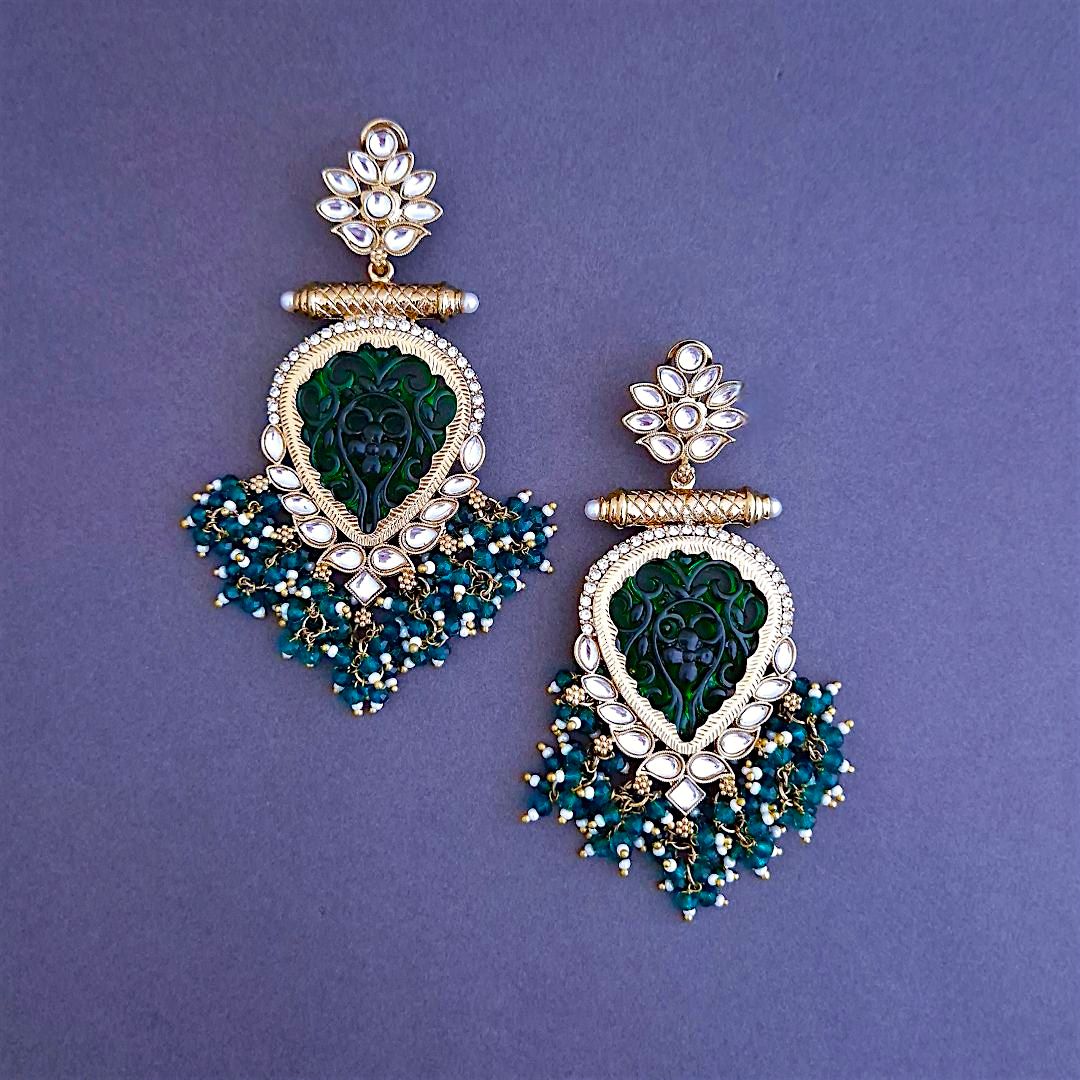 Emerald Danglers,  Pearl Drop Earrings, green Earrings.
