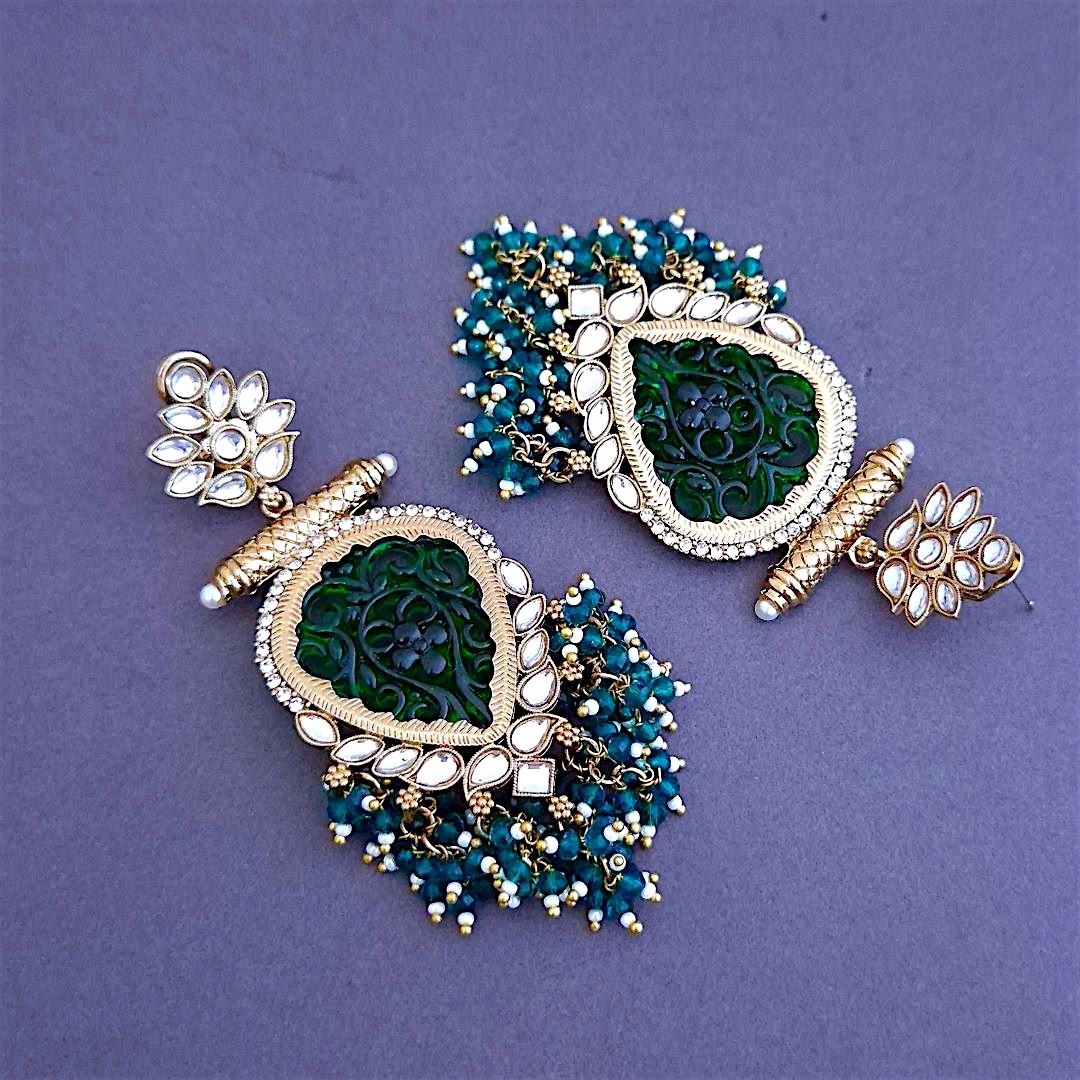 Emerald Danglers, Pearl Drop Earrings, green Earrings.