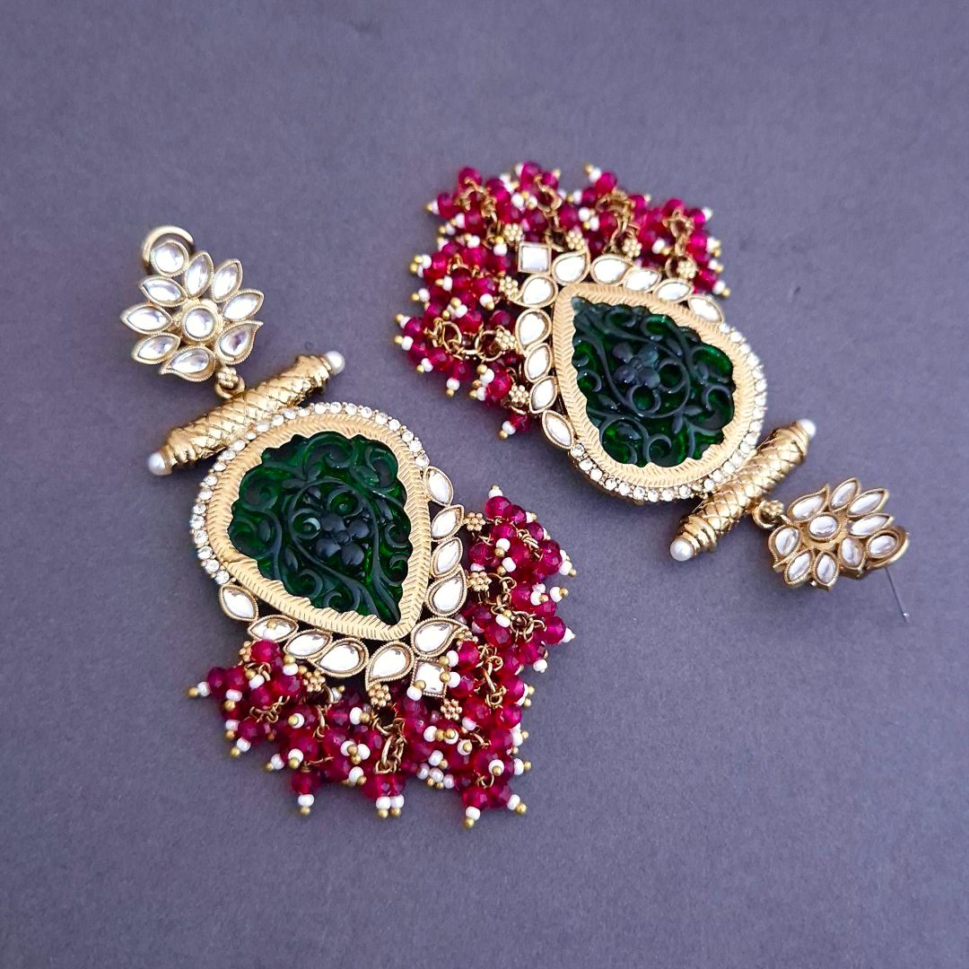 Emerald Danglers,   Pearl Drop Earrings, Rani Pink  Earrings