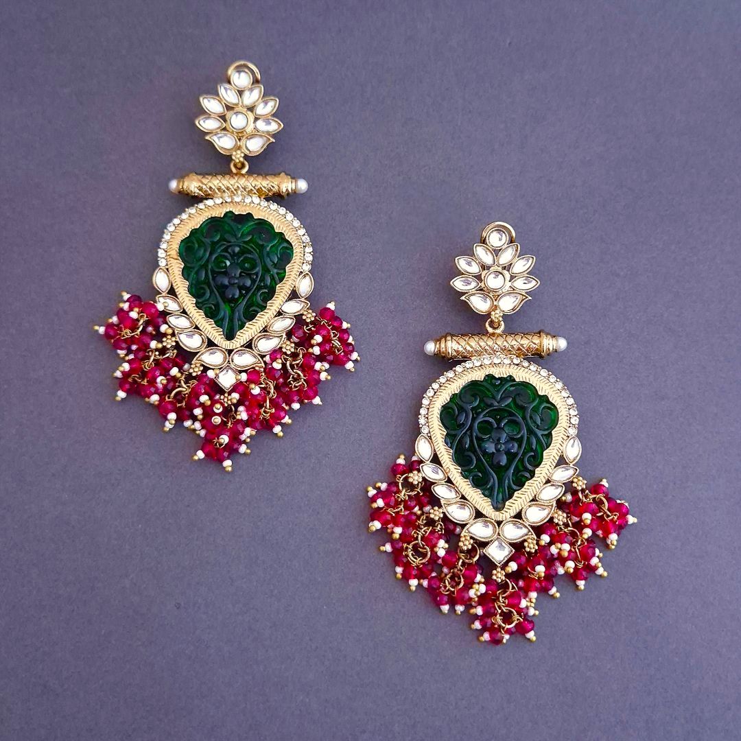 Emerald Danglers,   Pearl Drop Earrings, Rani Pink  Earrings