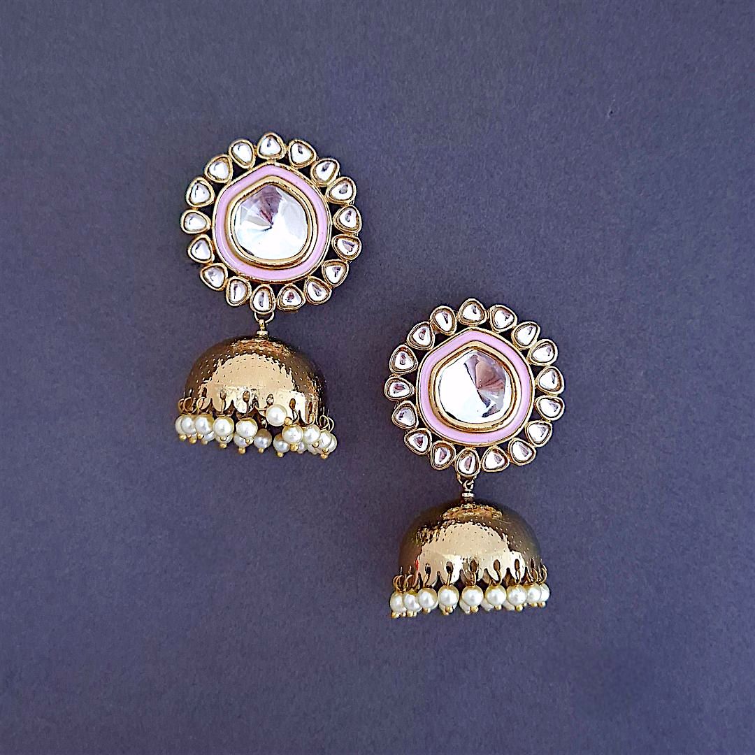Pink Kundan Jhumki Earrings