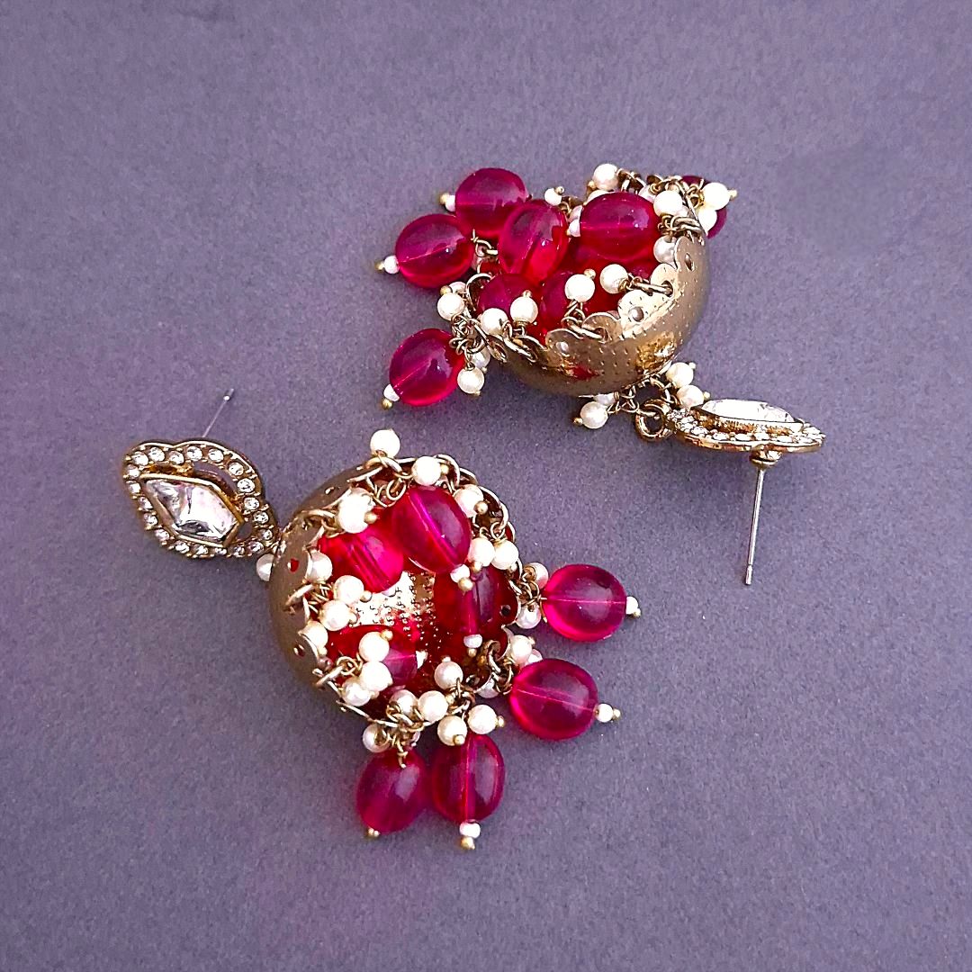 Rani Pink  Kundan Jhumki Earrings