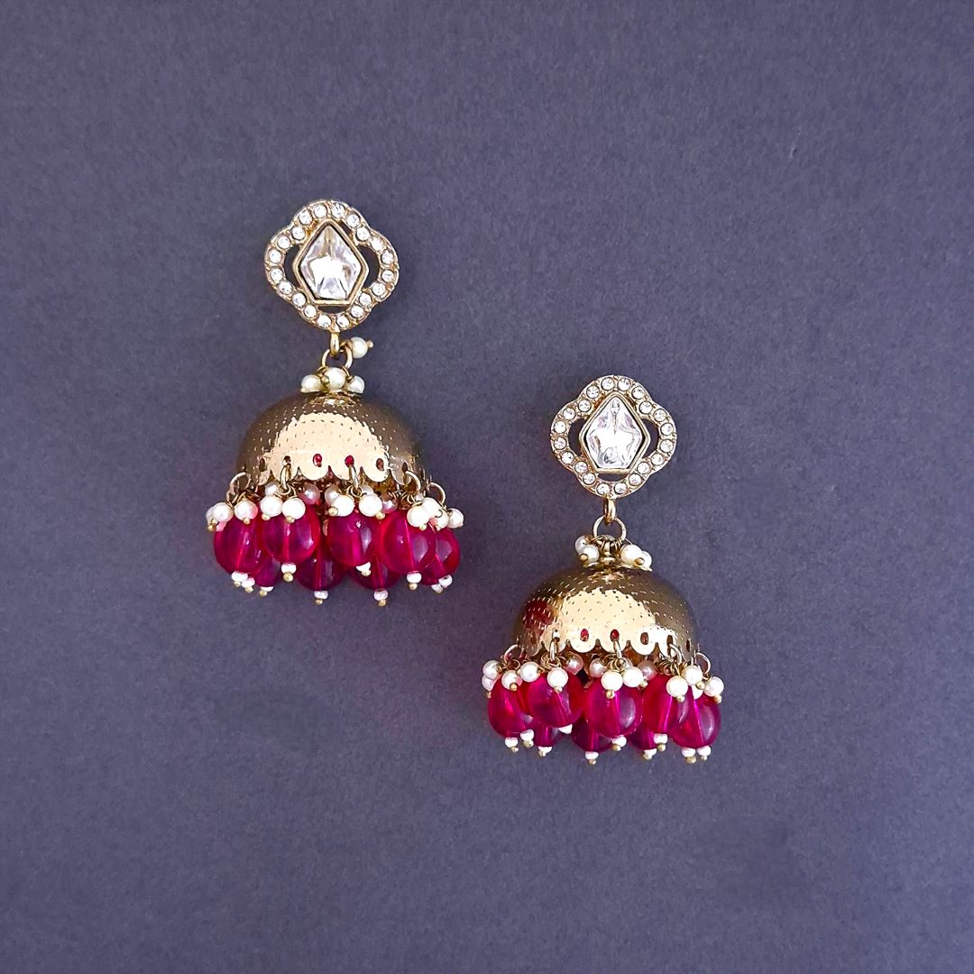 Rani Pink  Kundan Jhumki Earrings