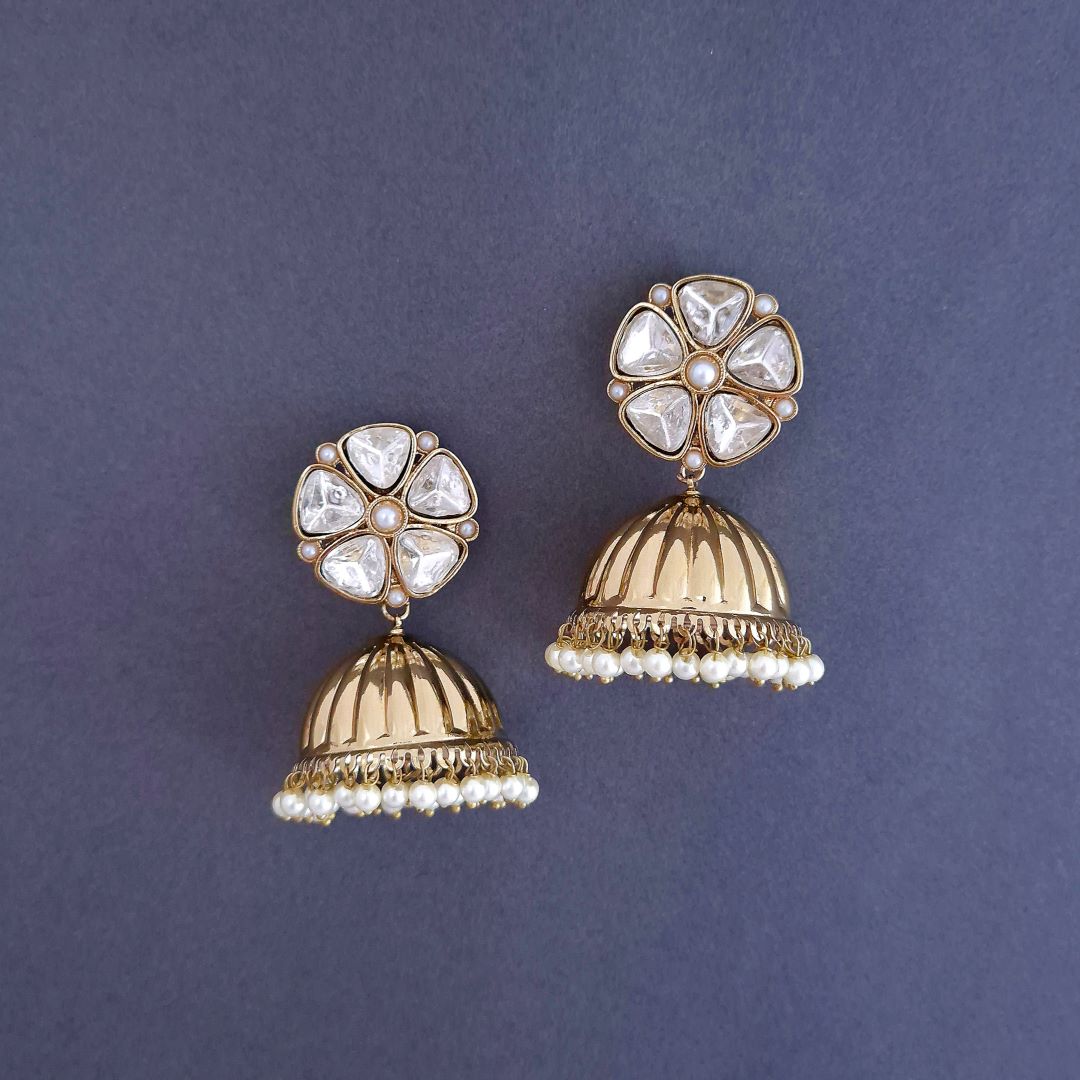 Golden Kundan Jhumki Earrings