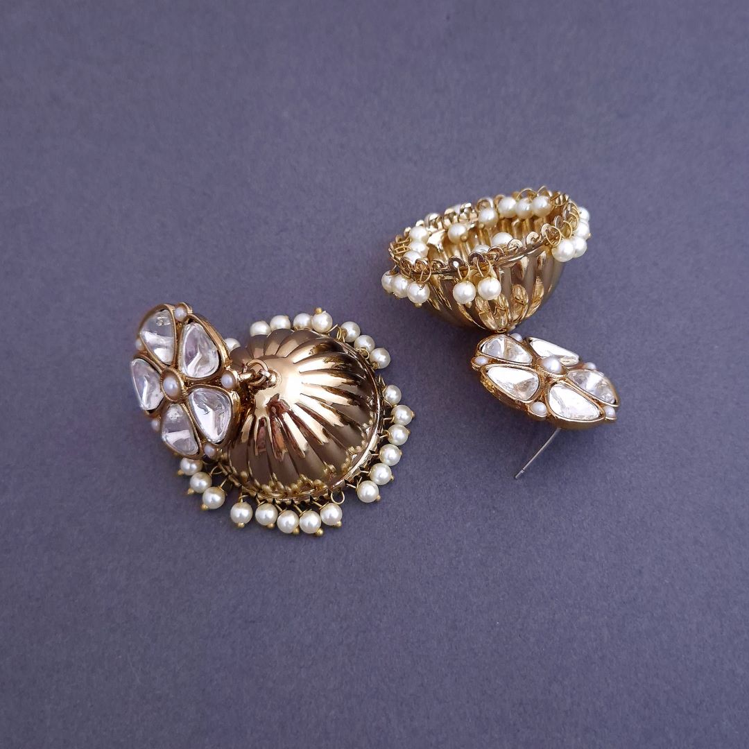 Golden Kundan Jhumki Earrings