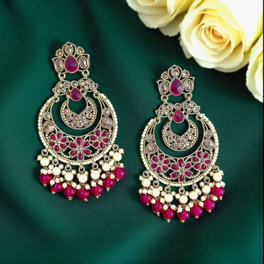Rani Pink Kundan Chandbali Earrings