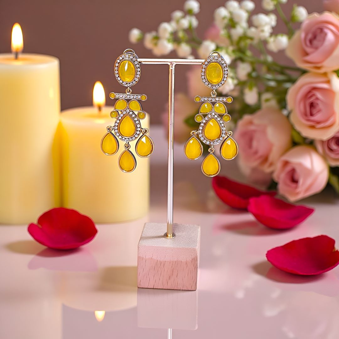 Yellow Kundan Dangler Earrings