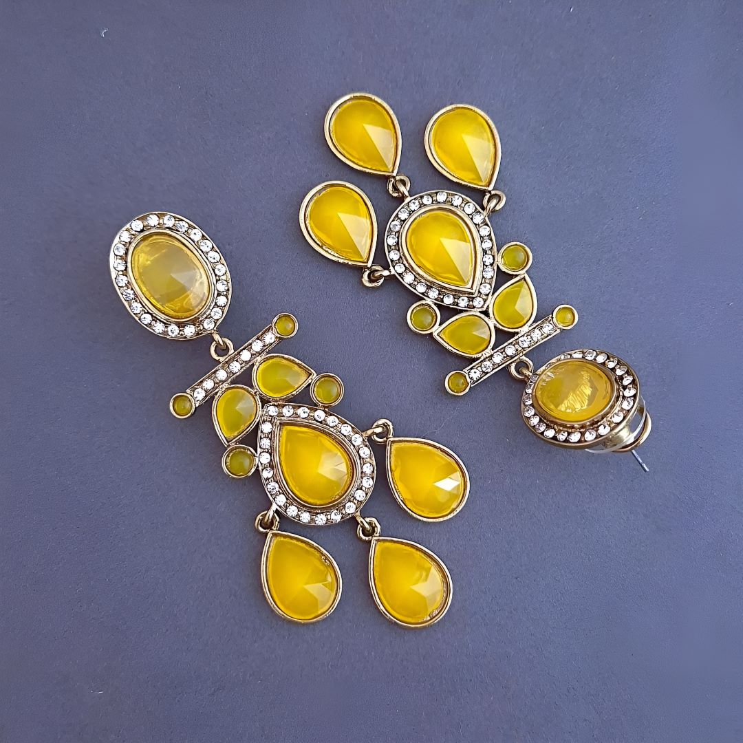 Yellow Kundan Dangler Earrings