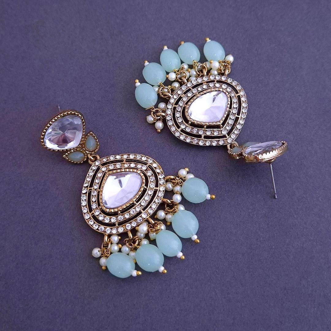 Mint Green Ethnic Earrings, Kundan earrings, Dangler Earrings