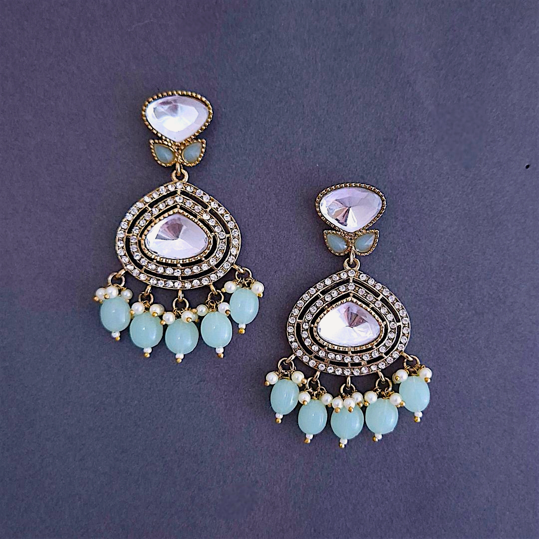 Mint Green Ethnic Earrings, Kundan earrings, Dangler Earrings