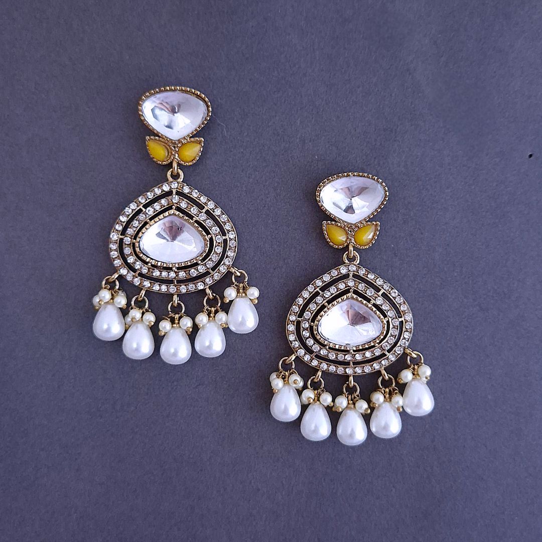Yellow Ethnic Earrings, Kundan earrings, Dangler Earrings