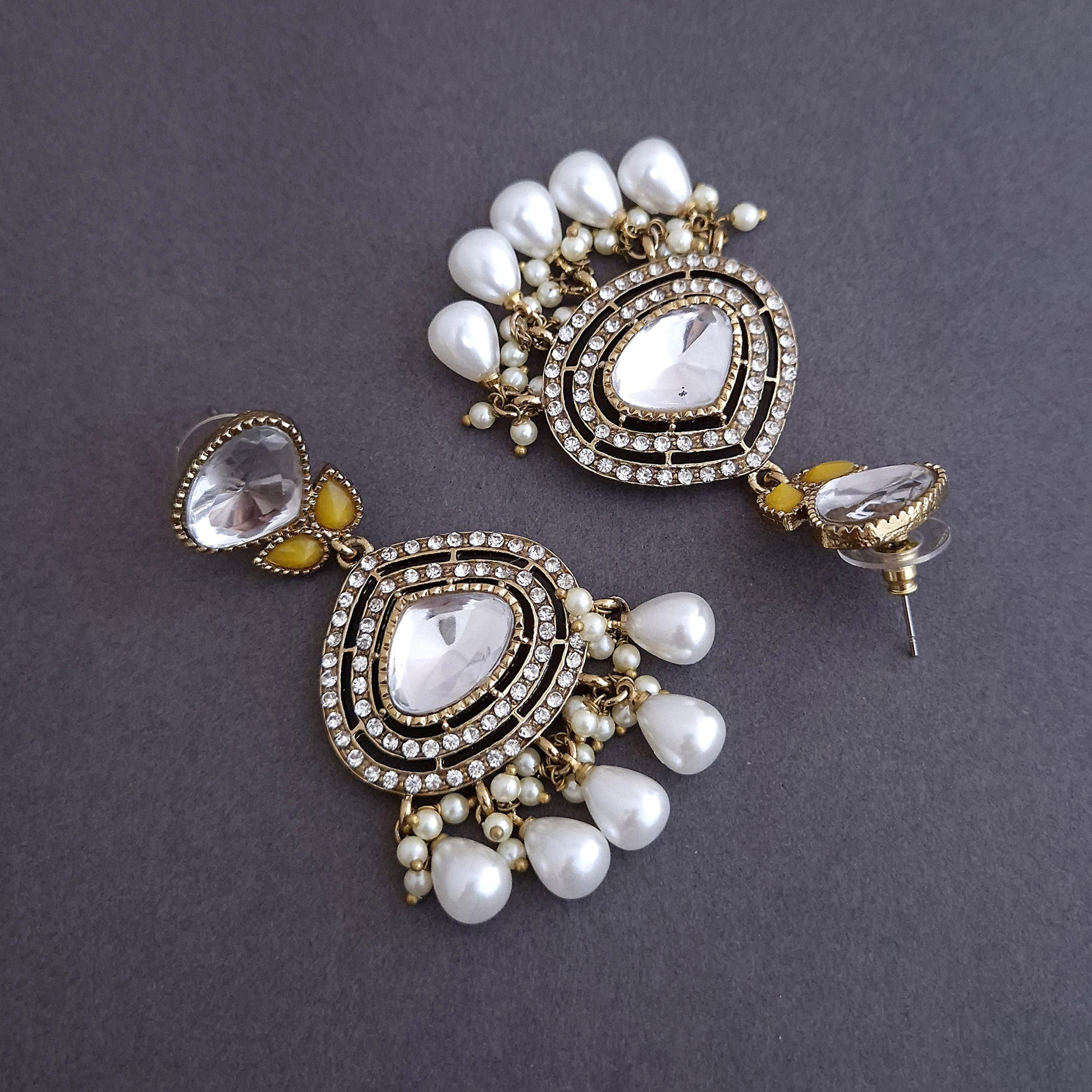 Yellow Ethnic Earrings, Kundan earrings, Dangler Earrings