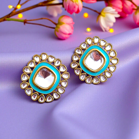 Turquoise Blue Kundan Stud Earrings