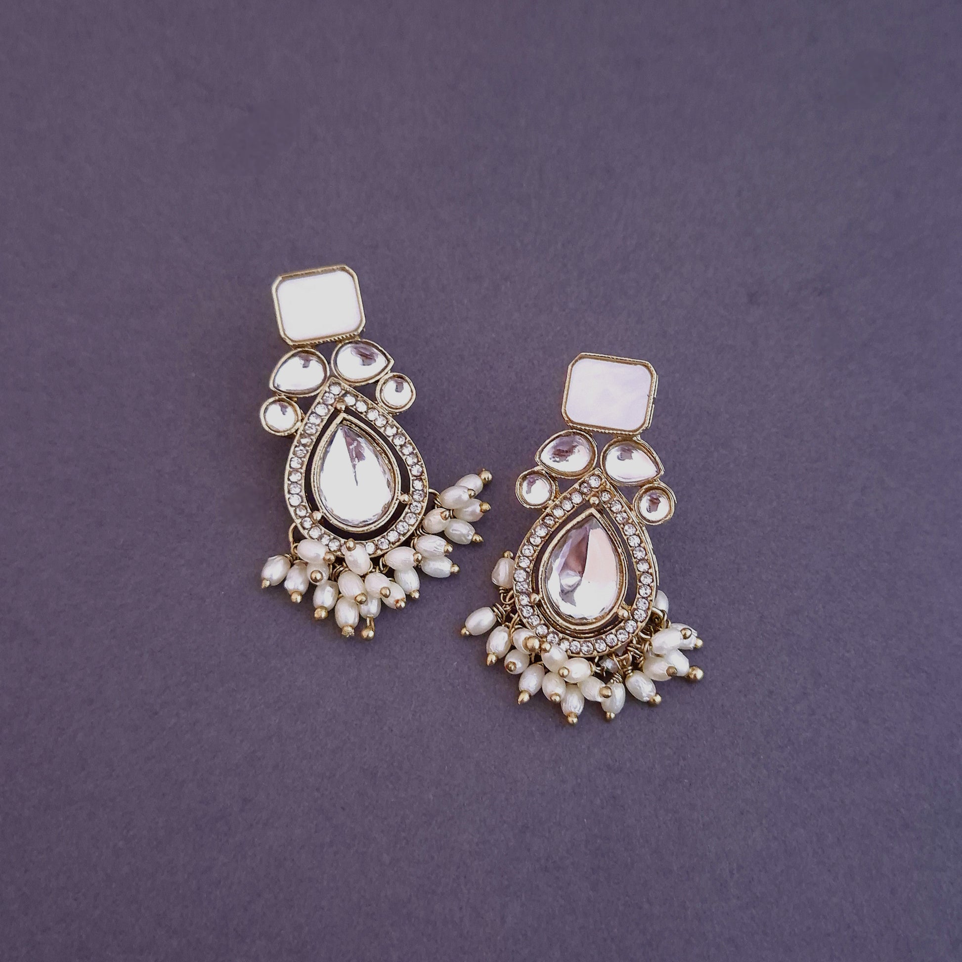 White Kundan Dangler Earrings