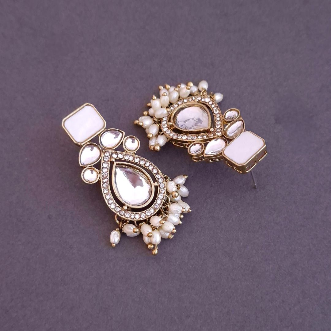 White Kundan Dangler Earrings