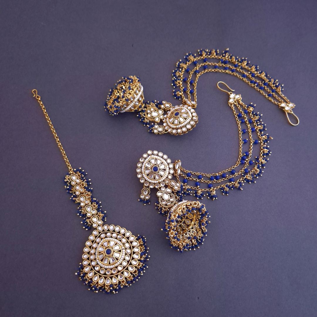 Navy Blue Kundan Maang Tikka Set
