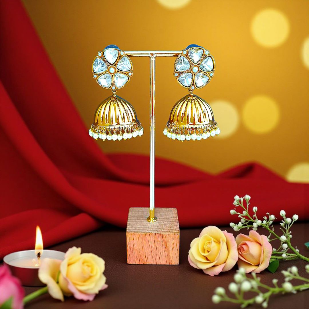 Golden Kundan Jhumki Earrings