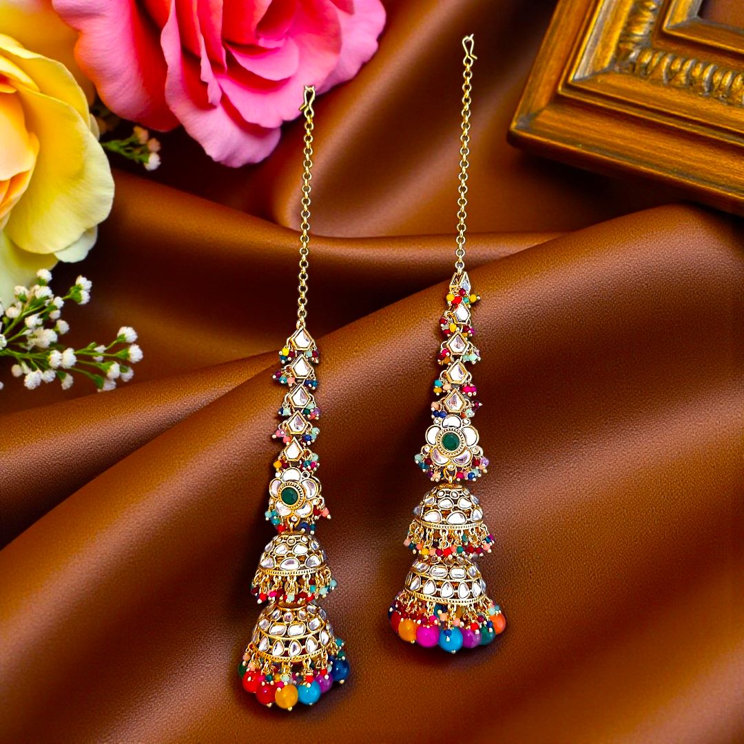 Multicolor Kundan Sahara Earchain Jhumki Earrings