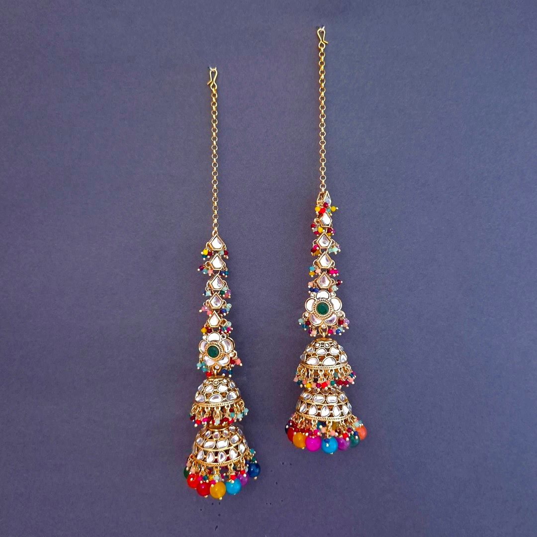 Multicolor Kundan Sahara Earchain Jhumki Earrings