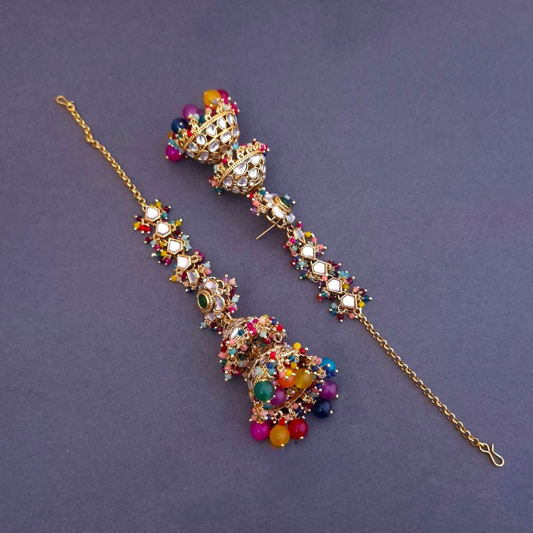 Multicolor Kundan Sahara Earchain Jhumki Earrings