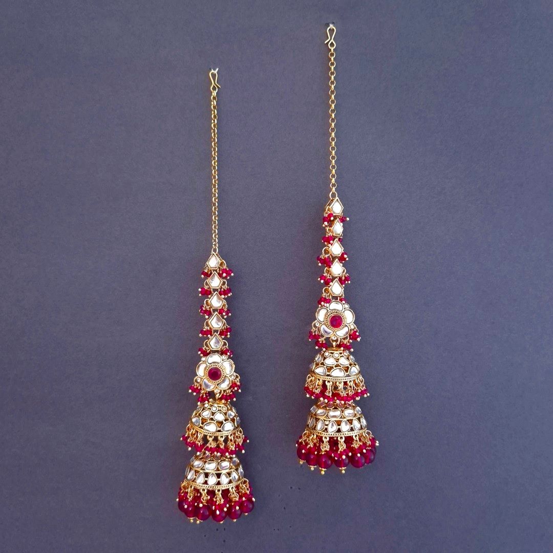 Rani Pink Kundan Sahara Earchain Jhumki Earrings