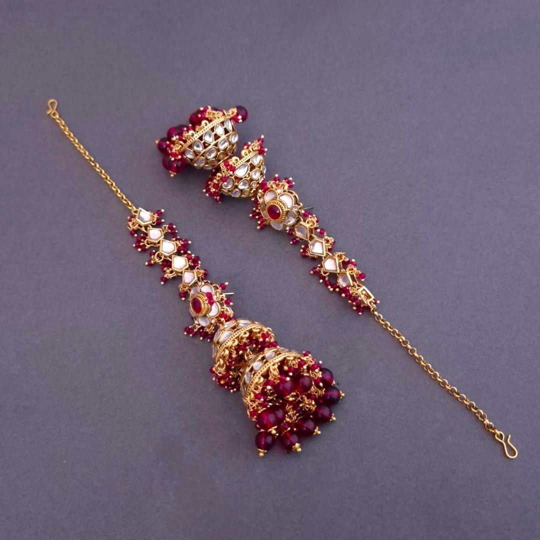 Rani Pink Kundan Sahara Earchain Jhumki Earrings