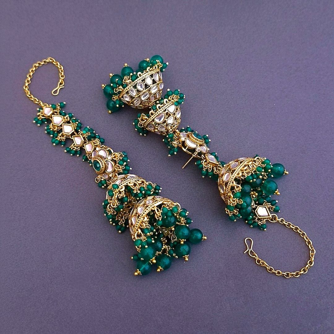 Emerald Green Kundan Sahara Earchain Jhumki Earrings