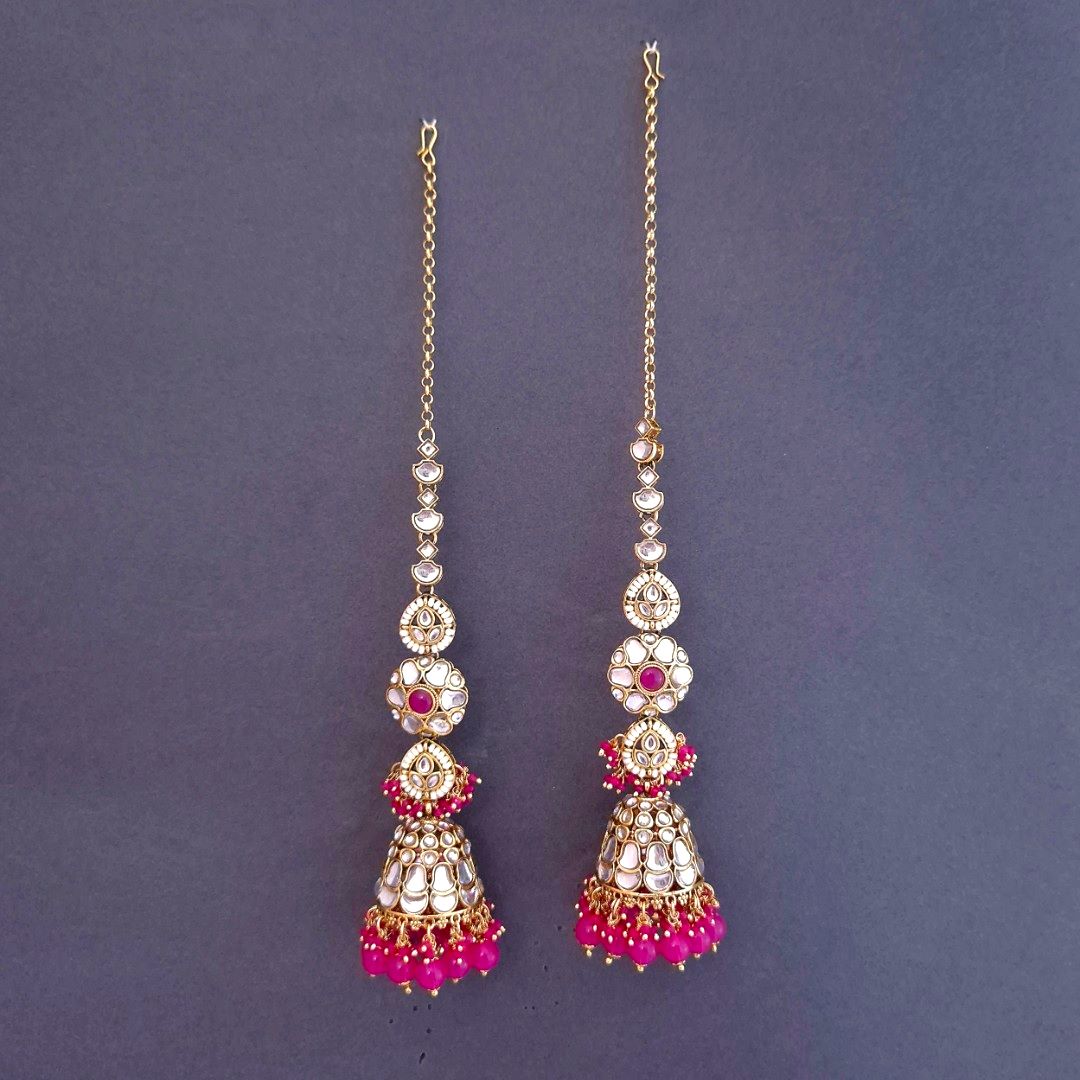 Pink Kundan Sahara Earchain Jhumki Earrings