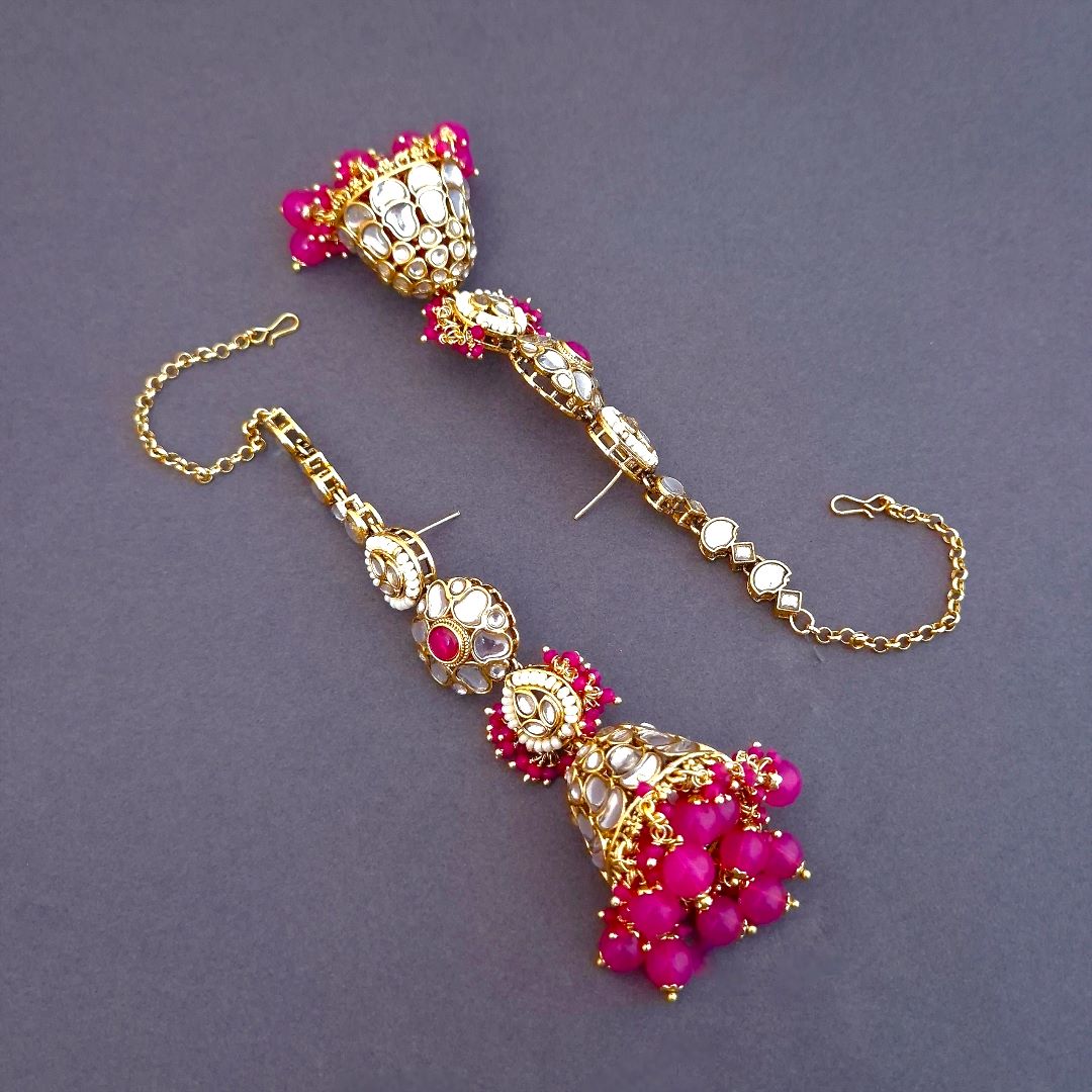 Pink Kundan Sahara Earchain Jhumki Earrings