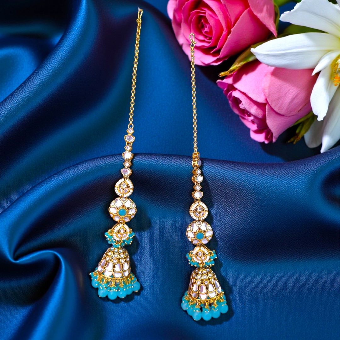 Turquoise Blue Kundan Sahara Earchain Jhumki Earrings