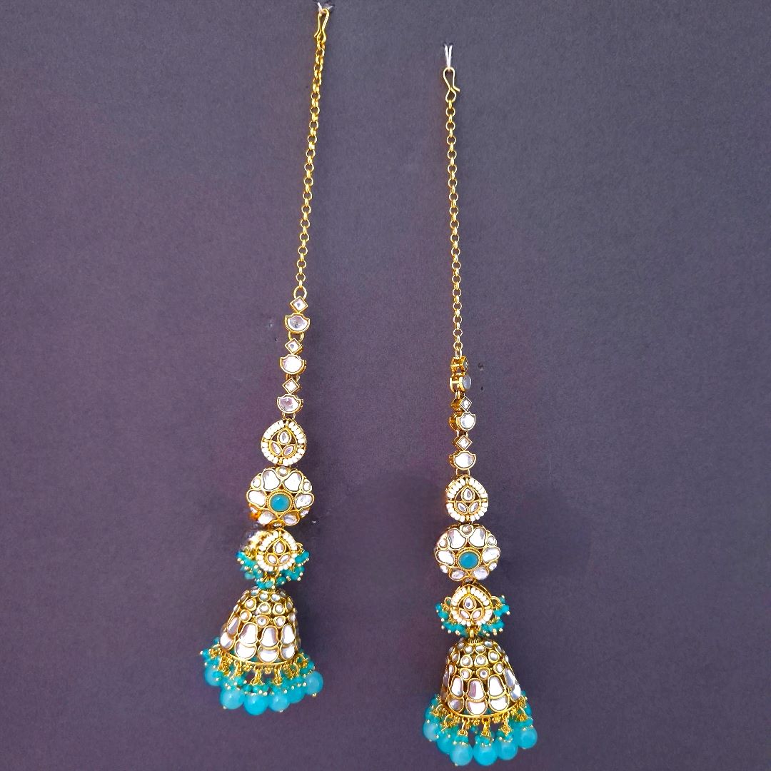 Turquoise Blue Kundan Sahara Earchain Jhumki Earrings