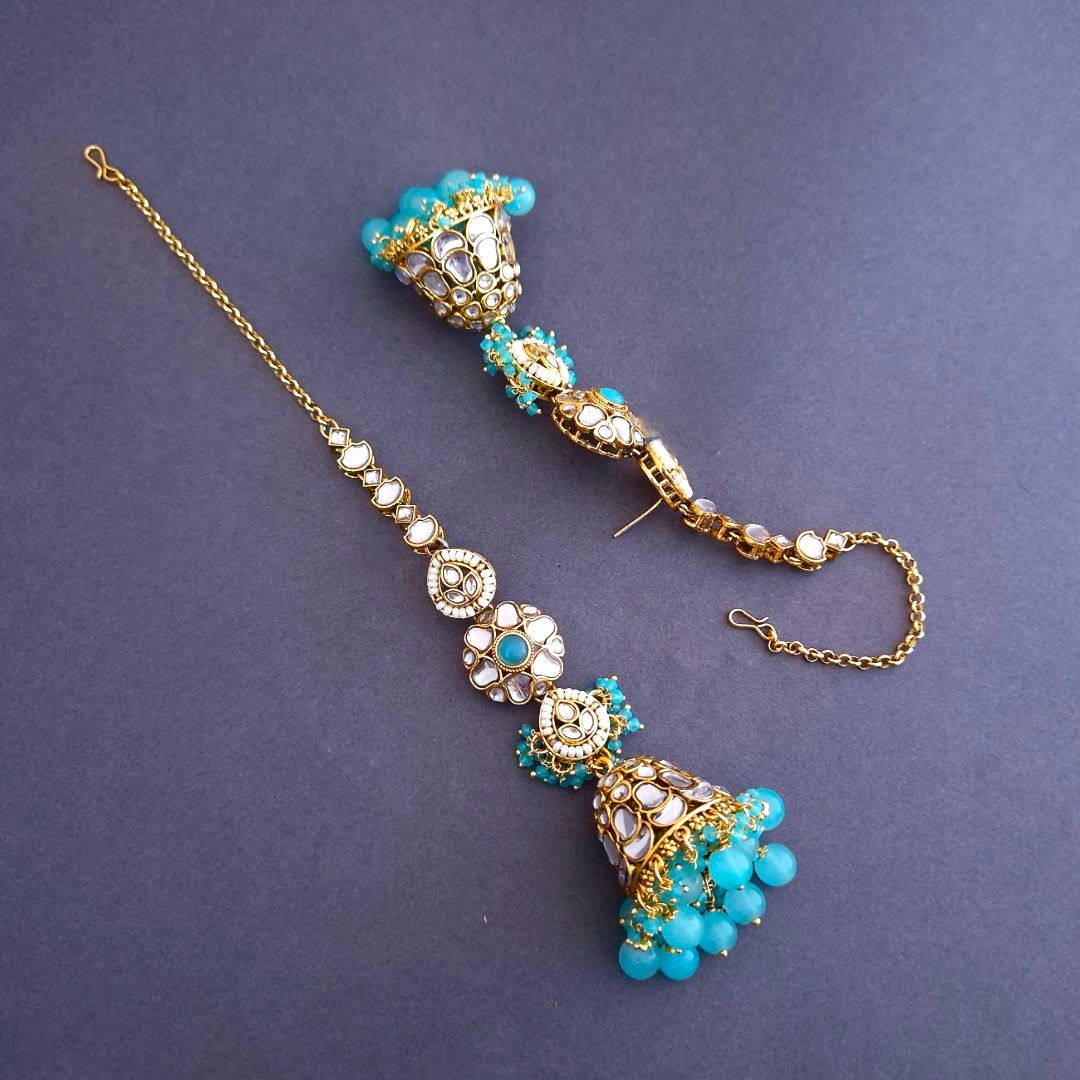 Turquoise Blue Kundan Sahara Earchain Jhumki Earrings