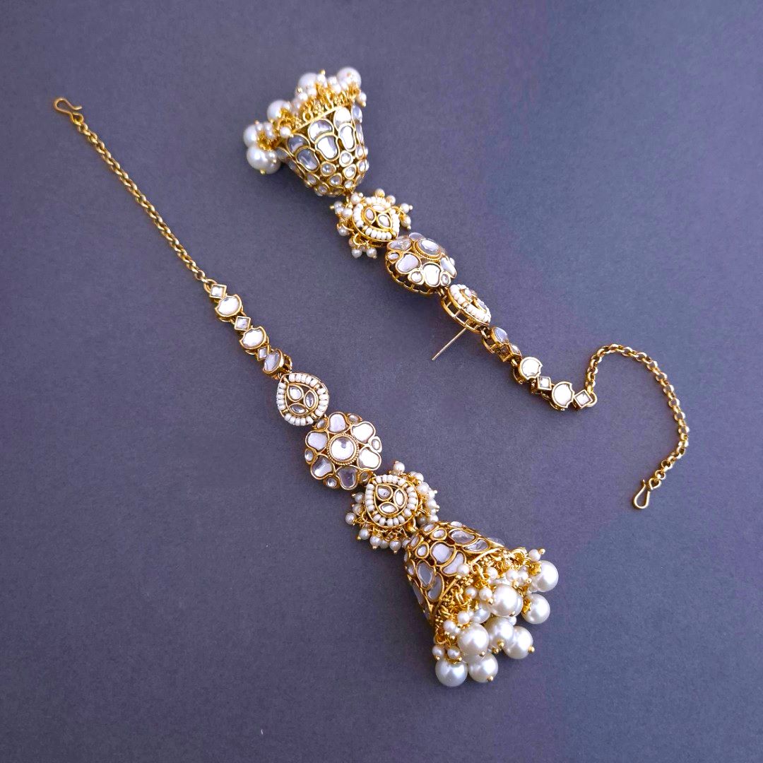 White Kundan Sahara Earchain Jhumki Earrings