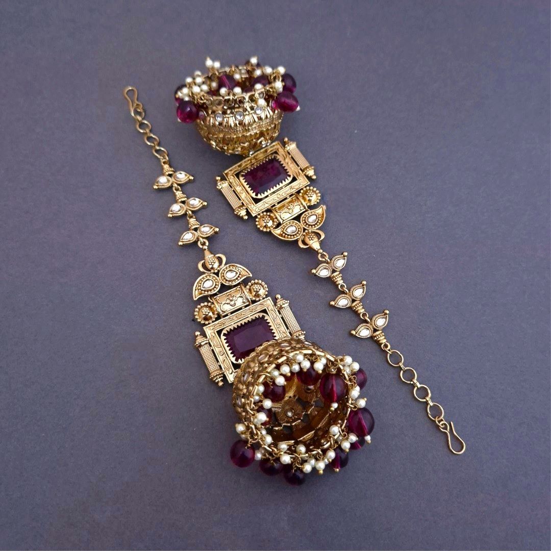Wine Kundan Sahara Earchain Jhumki Earrings