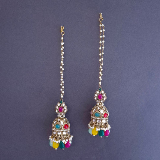 Multicolor Kundan Sahara Earchain Jhumki Earrings