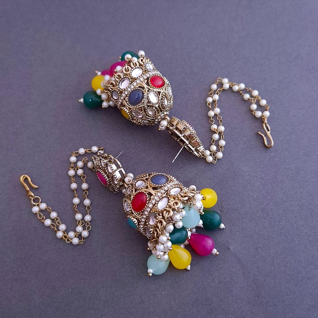 Multicolor Kundan Sahara Earchain Jhumki Earrings